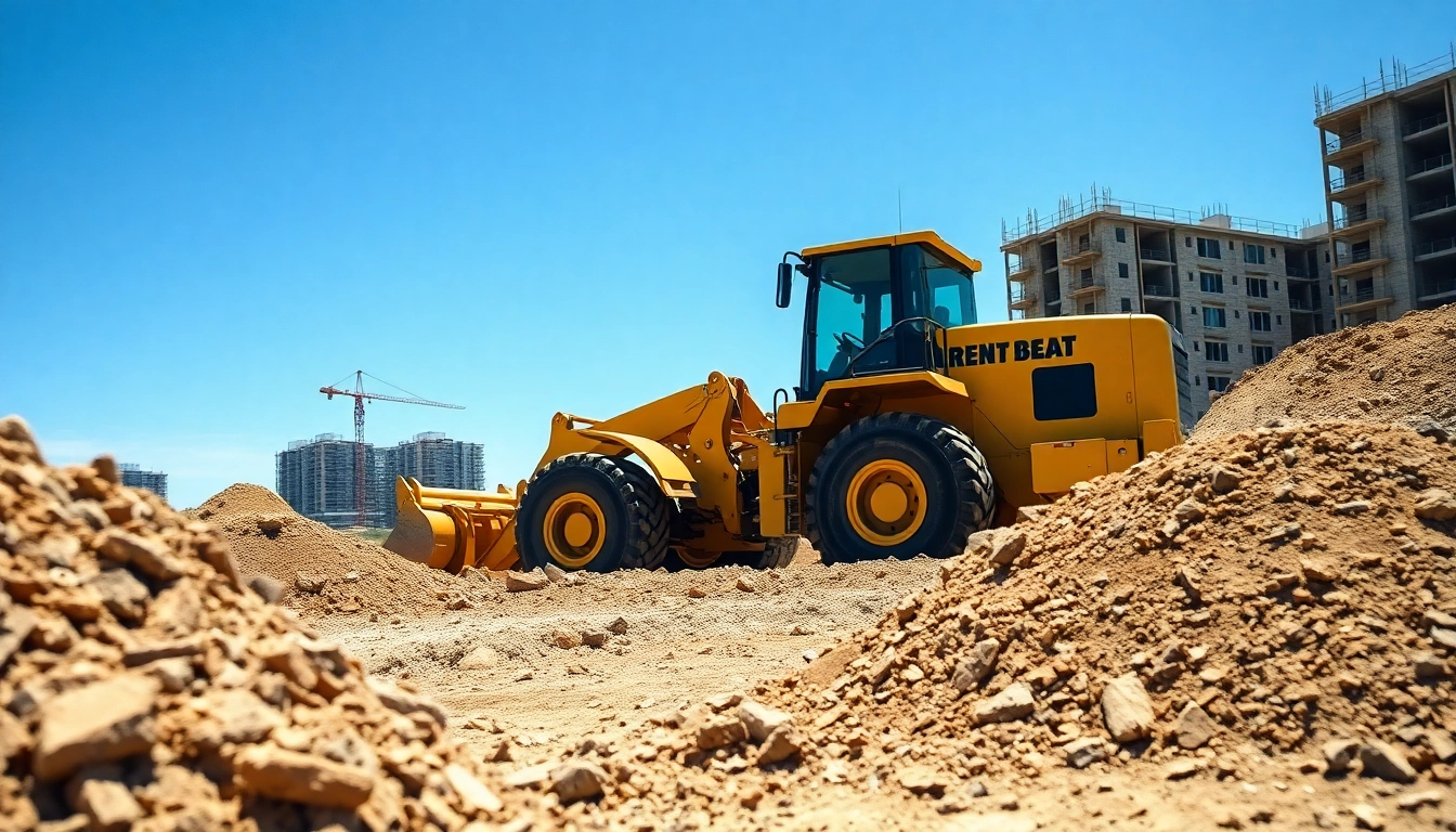 Rent wheel loaders efficiently leveling ground at a busy construction site.