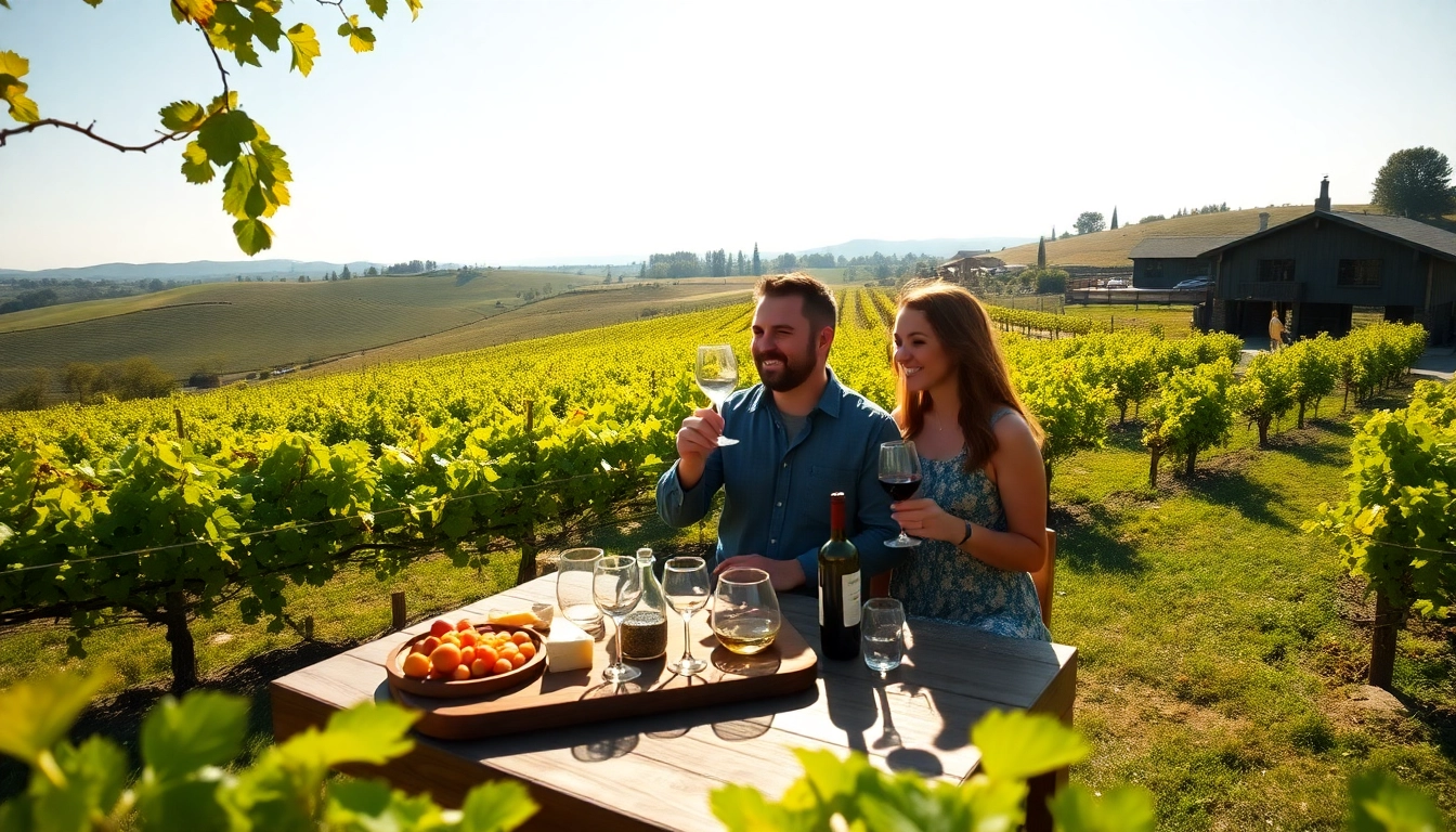 Couple enjoying a Clarksburg wine tasting experience among vineyards with scenic views.