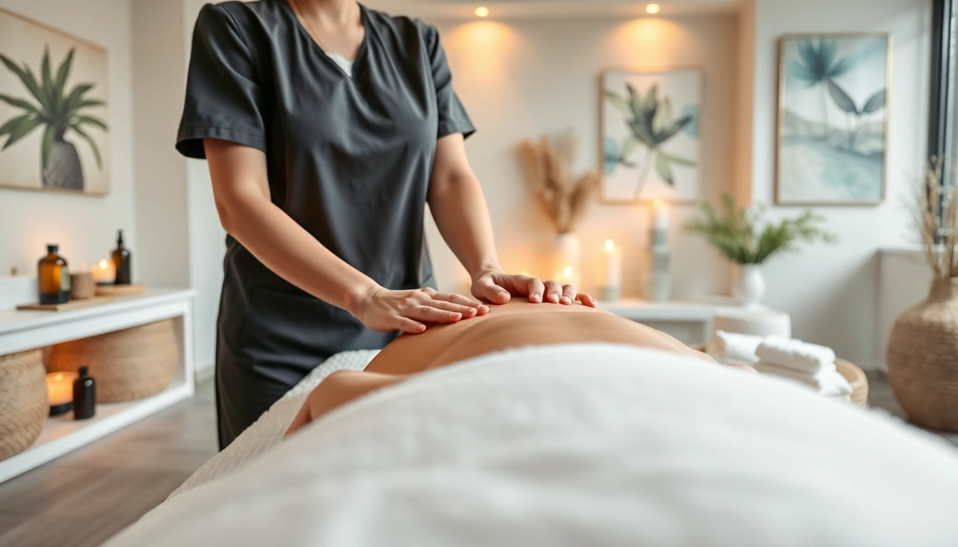 A relaxing 출장마사지 session in a calming spa environment, highlighting the therapist's expertise and the client's tranquility.