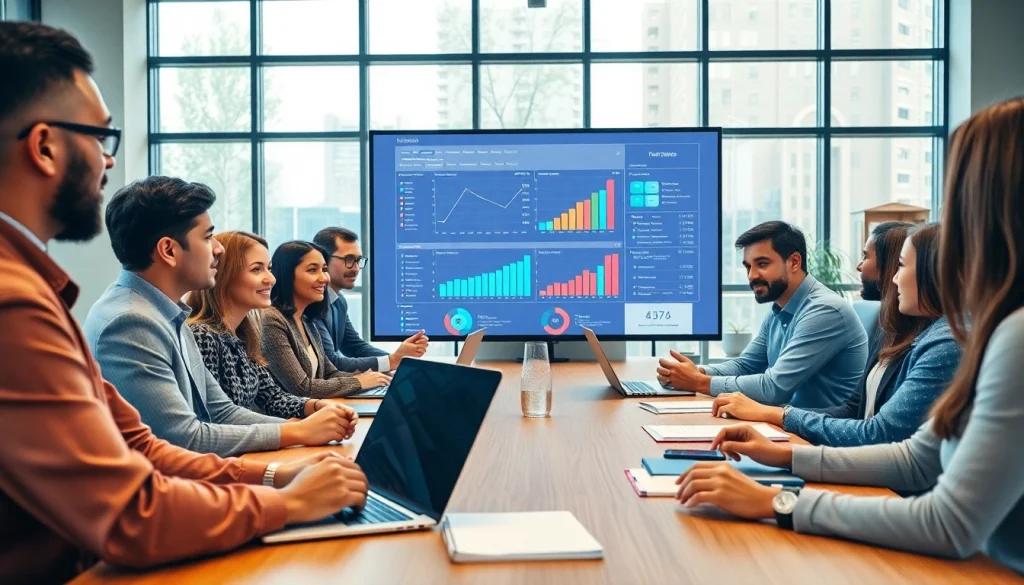 Engaged business professionals discussing strategies on https://whatalker.com in a modern office setup.