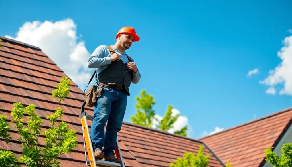 Assessing Twin Shield Roofing details on a beautiful residential home under blue skies.