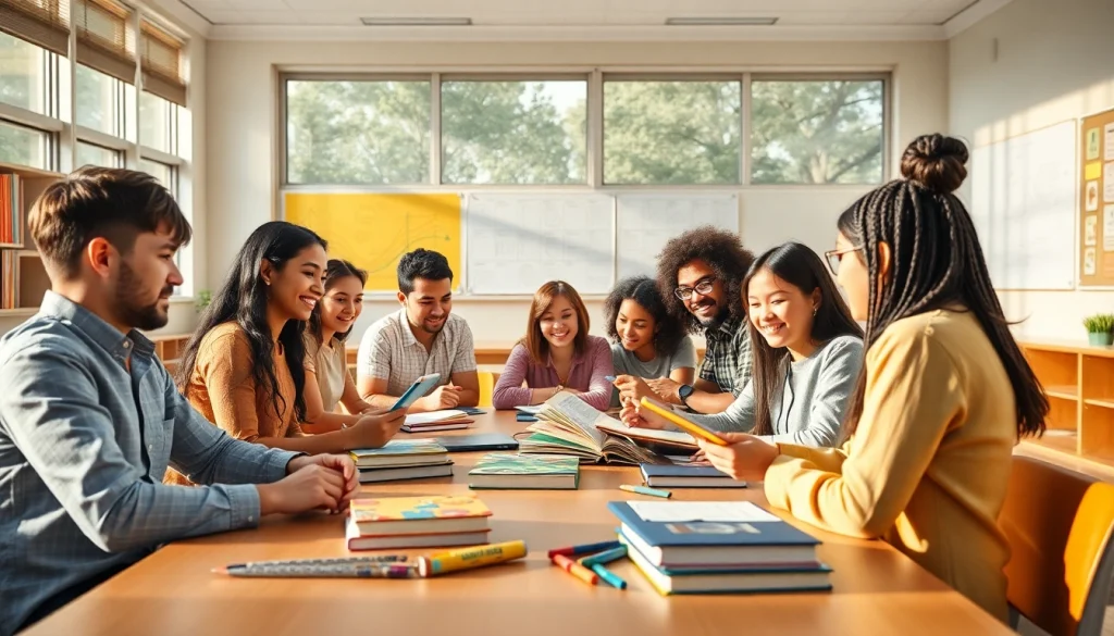 Engaging Education setting with students collaborating in a bright, modern classroom.