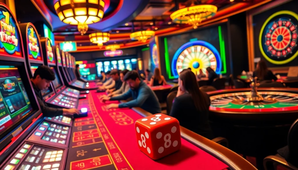 Catch the excitement at Hi88 red as players engage in thrilling casino games with vibrant tables and slot machines.