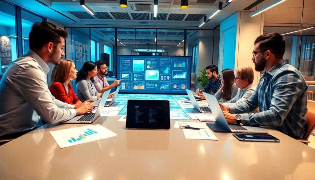 79king marketing team collaborating in a modern office setting with digital tools.