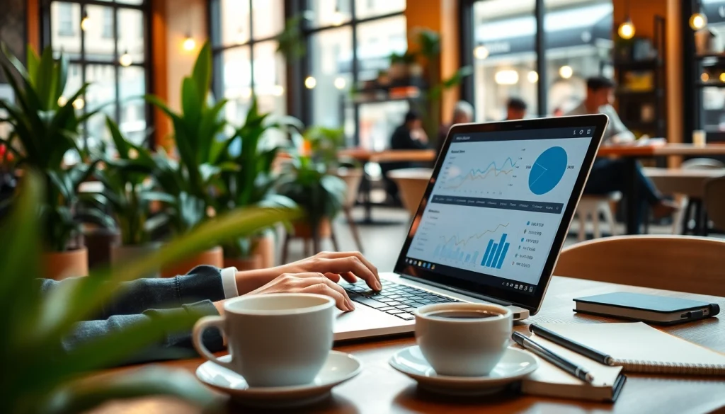 Earn money on short links while a digital nomad works in a coffee shop environment.