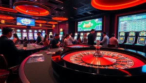 Hi88 casino excitement as players bet at a roulette table filled with chips and vibrant lights.