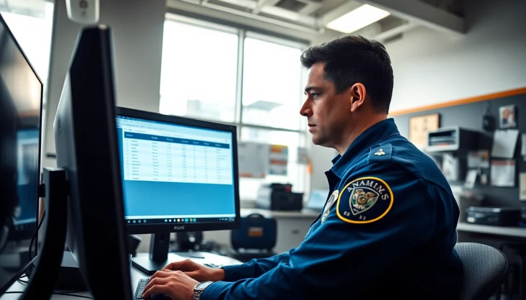 Conducting Anaheim inmate search in a police station with focus on data screen.
