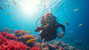 Dive into adventure at https://marvinscubaexpeditions.com showcasing a diver amidst a vibrant coral reef.