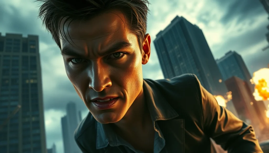 Portray an action thriller scene featuring a protagonist engaged in an intense urban chase.