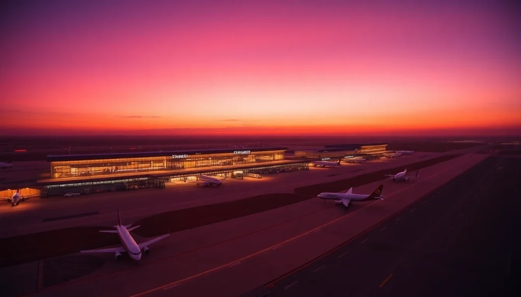 Discover Stansted Airport with illuminated terminal and airplanes displayed during sunset.
