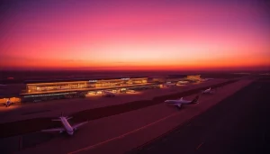Discover Stansted Airport with illuminated terminal and airplanes displayed during sunset.