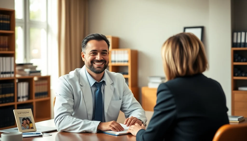 Engaging attorney at https://www.miaoulislaw.com office, exuding professionalism and warmth.