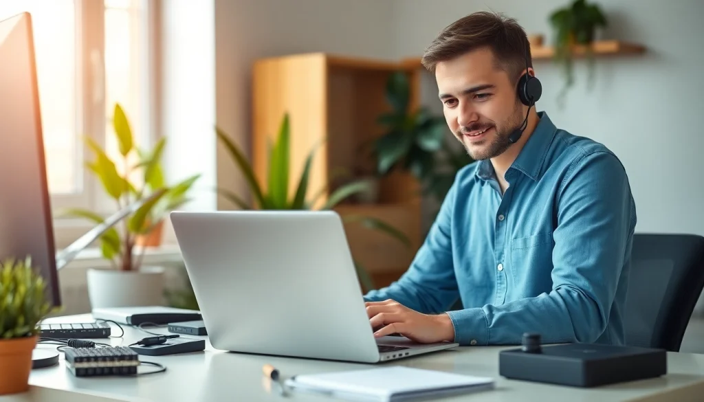 Providing professional computer IT support in a home office setting with focused technician.