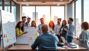 Team brainstorming innovative Good Wolf Marketing strategies in a vibrant office.