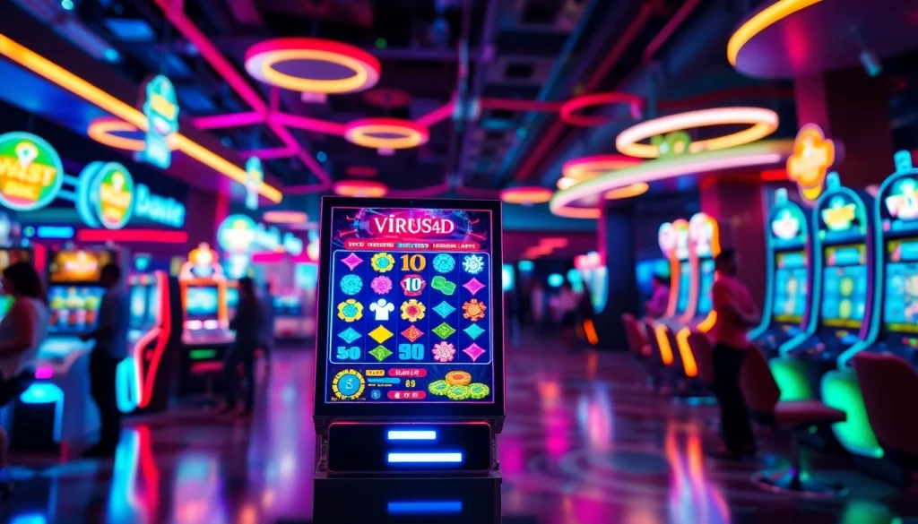 Menangkan permainan virus4d slot di mesin slot futuristik dengan latar kasino.