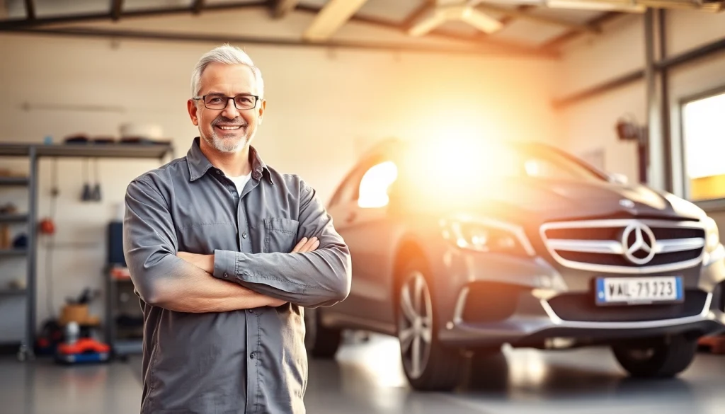 KFZ Gutachter Aachen inspiziert ein beschädigtes Fahrzeug im Licht der Werkstatt.