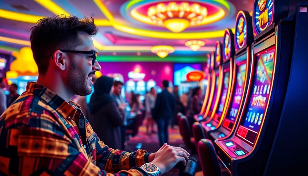 Menang di mesin slot gacor dengan suasana kasino yang penuh keceriaan dan energi.