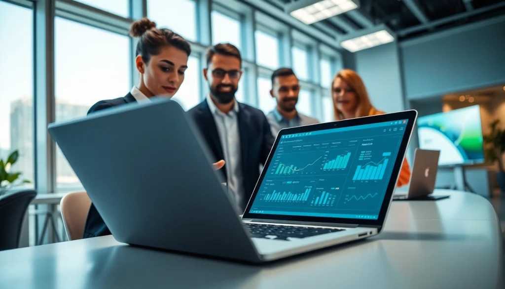 Streamlined invoice processing software demonstrated in a vibrant office environment.