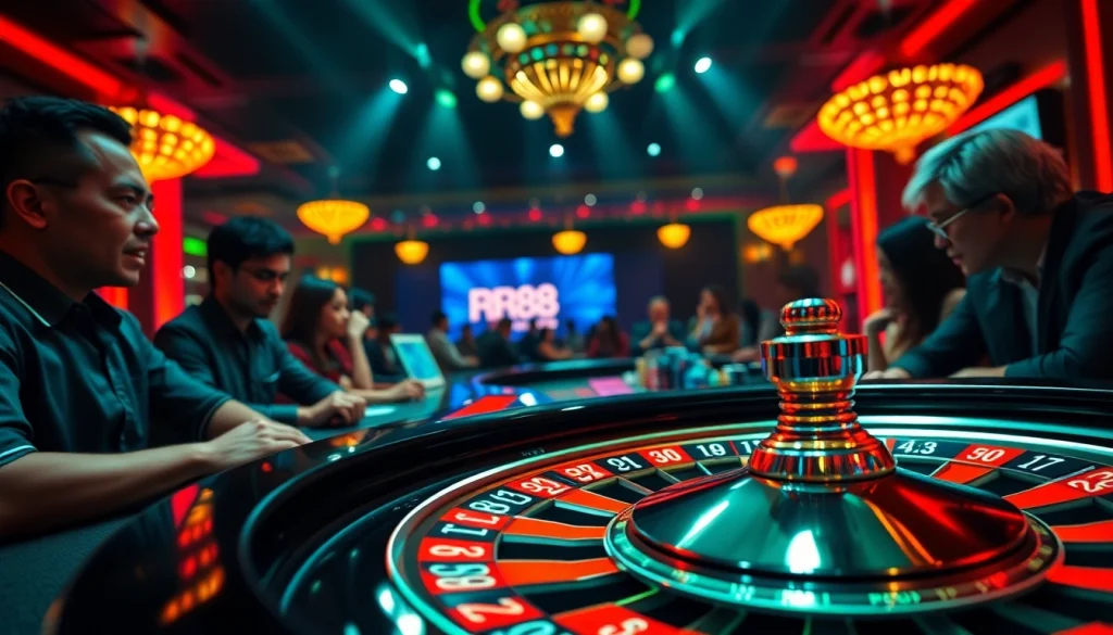 Players engaging in action-packed gameplay featuring the RR88 logo on a vibrant roulette wheel.