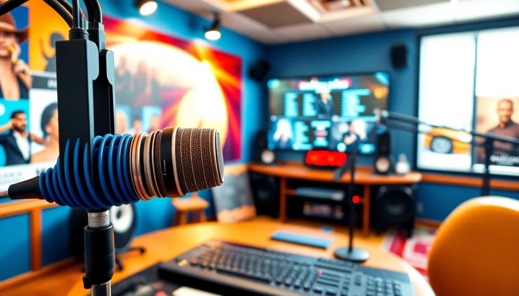 Engage with https://mycountry955.com in a lively radio studio vibrant with country music culture.