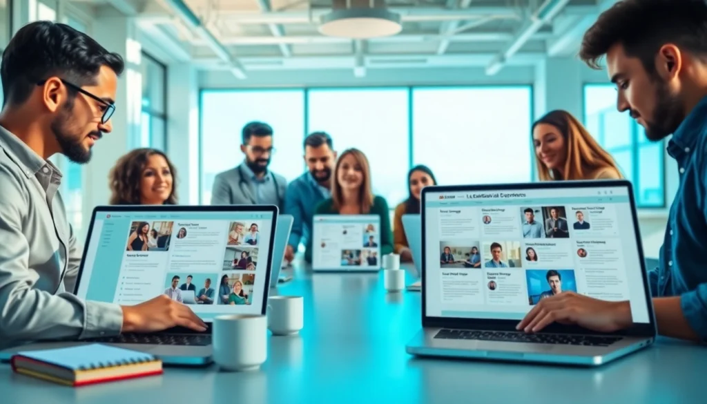 Engaging professionals collaborating on a free job post platform in a modern office.