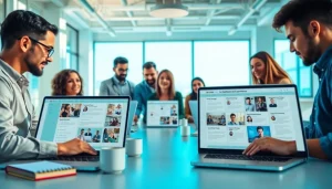 Engaging professionals collaborating on a free job post platform in a modern office.