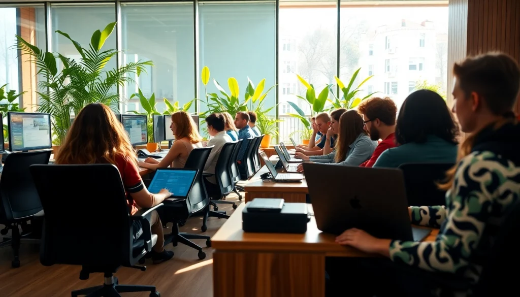 Engaged participants practicing typing at a modern typing center.