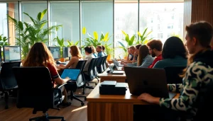 Engaged participants practicing typing at a modern typing center.