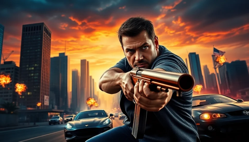 Protagonist in gripping action thriller amidst urban chaos, demonstrating determination and dynamic movement.