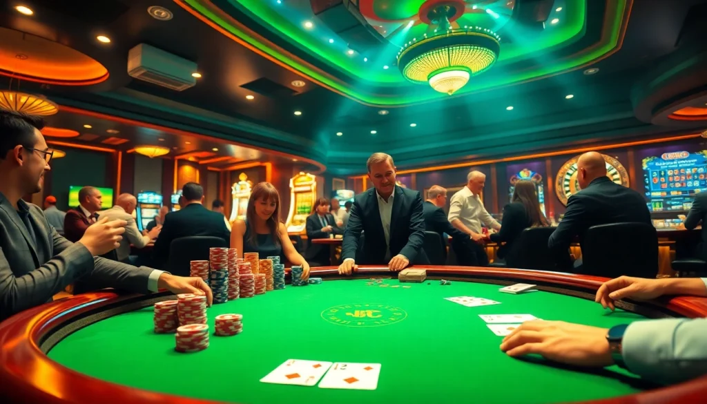 Thrilling poker game at a casino table showcasing https://kjc.uk.com/ with vibrant poker chips and intense players.