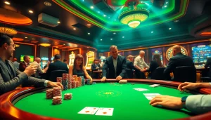 Thrilling poker game at a casino table showcasing https://kjc.uk.com/ with vibrant poker chips and intense players.