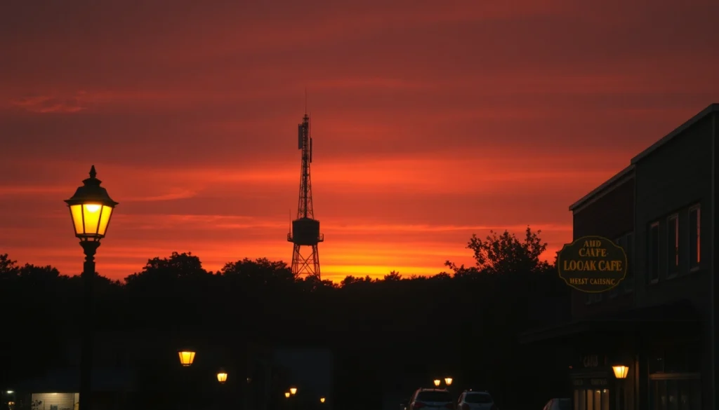 Captivating sunset view of the small town skyline featuring the radio tower of https://www.westcentralsbest.com.