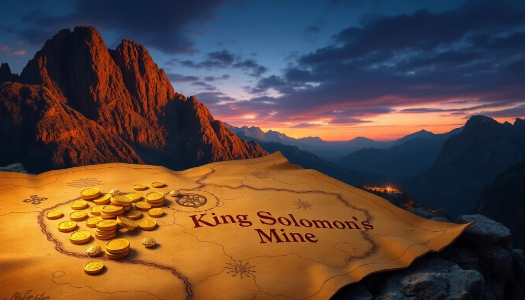 Discover the treasures and legends of King Solomon's Mine illustrated in a mythical treasure map.