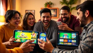 Players enjoying the Jalwa game experience on multiple devices in a lively and engaging environment.