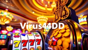 Mainkan virus4d slot dengan mesin slot berwarna-warni dan suasana kasino yang cerah.