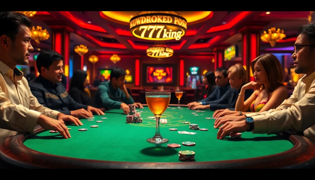 79king poker game with colorful chips and cards at an elegant casino table.