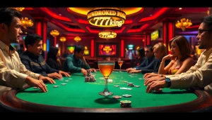 79king poker game with colorful chips and cards at an elegant casino table.