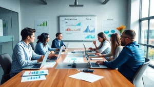 Collaborative marketing strategy session at https://solarxmedia.com with diverse professionals discussing data insights.