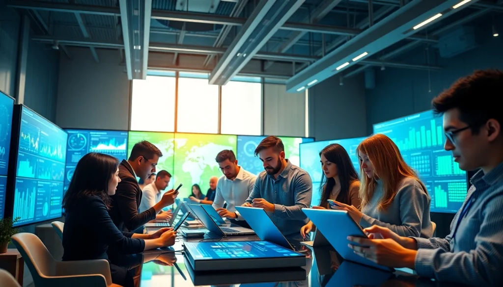 Engaging technology collaboration in a modern office with vibrant individuals and high-tech devices.