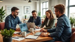 Team working together at https://whatalker.com on digital marketing strategies in a bright office.