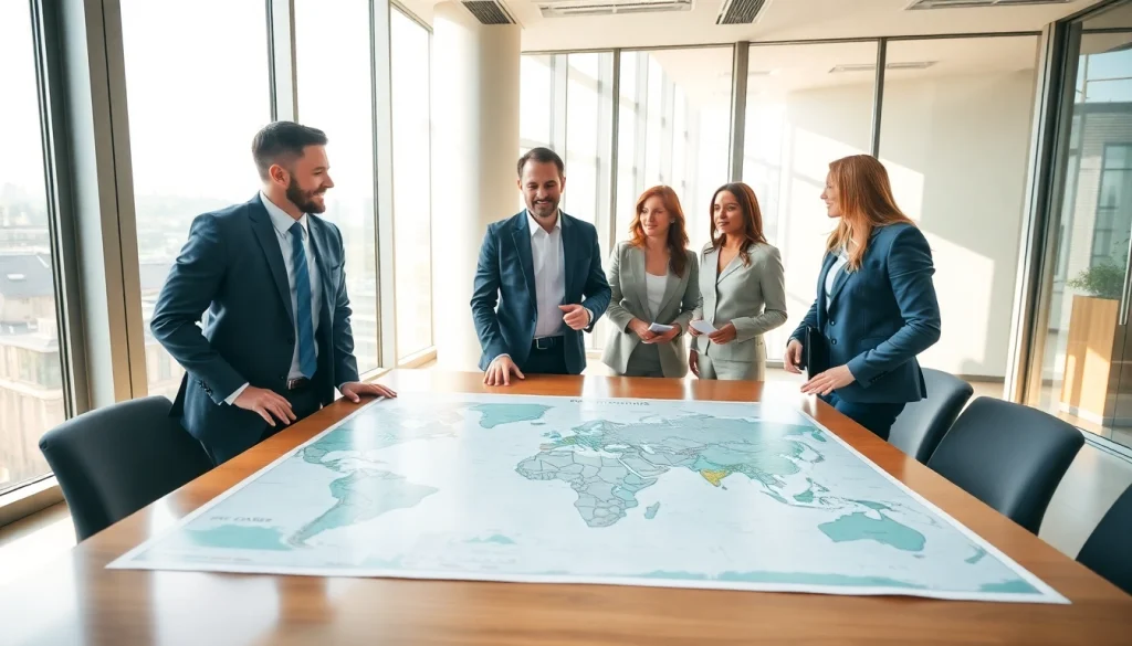 Engaging discussion among agents representing international real estate companies in a modern office.