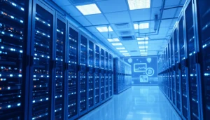 Cloud mining data center with advanced servers and digital crypto graphics.