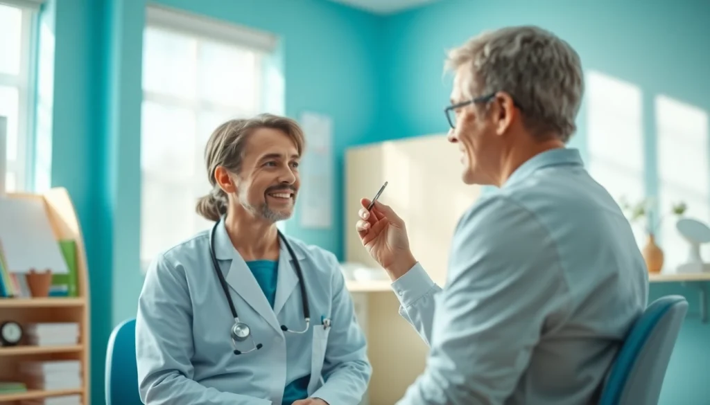 Engaging healthcare professional discussing vital health topics with a patient in a bright clinic.