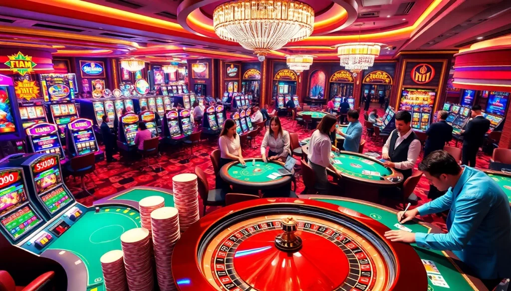 Experience the vibrant gambling world of KJC AC 1 with players enjoying casino tables and slot machines.