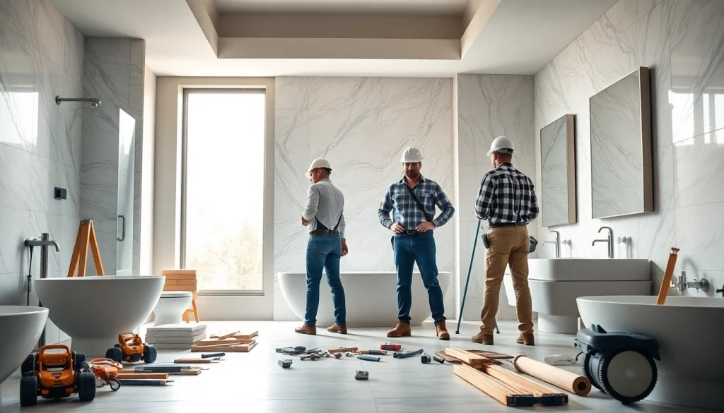 Bathroom builders collaborating on a stylish bathroom renovation with modern tools and elegant tiles.