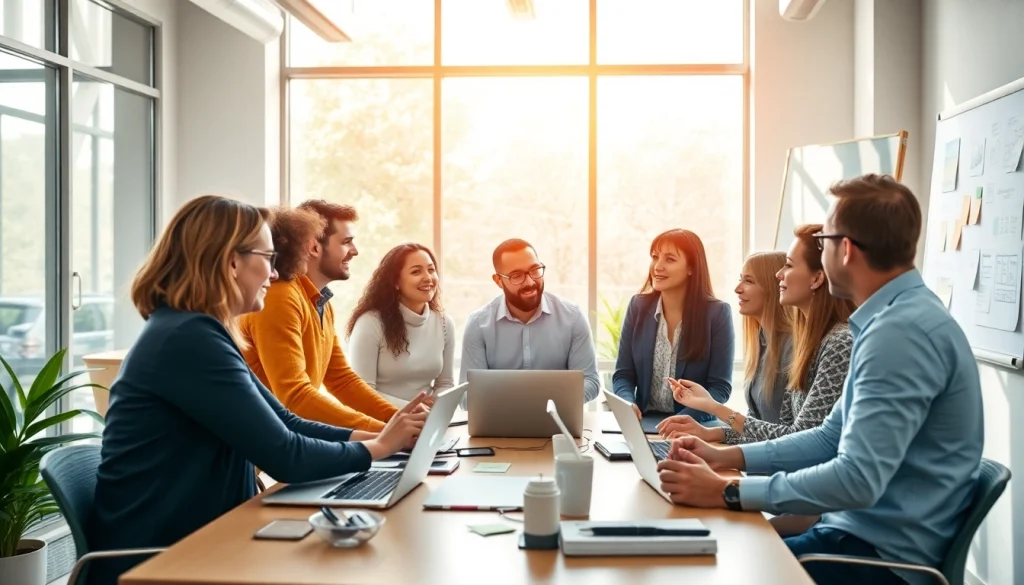 Engaged team discussing strategies for https://presshackers.com in an energetic workspace.