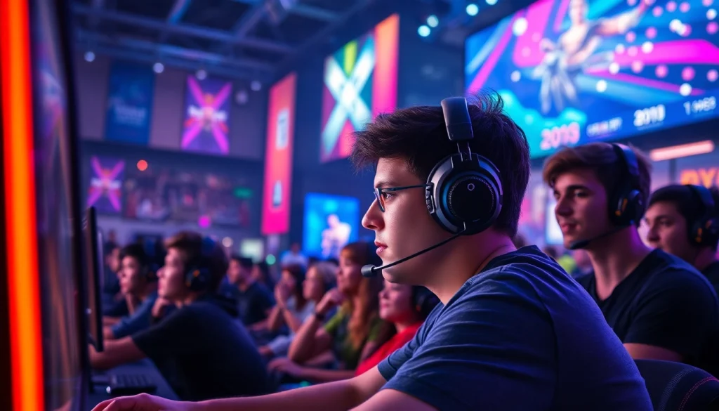Engaged gamers at https://gamelevate.com, immersed in a vibrant gaming competition.