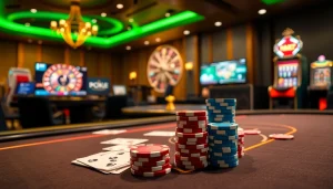 A thrilling gaming scene featuring luxury casino elements from https://xx88.now/ with poker chips and a roulette wheel.