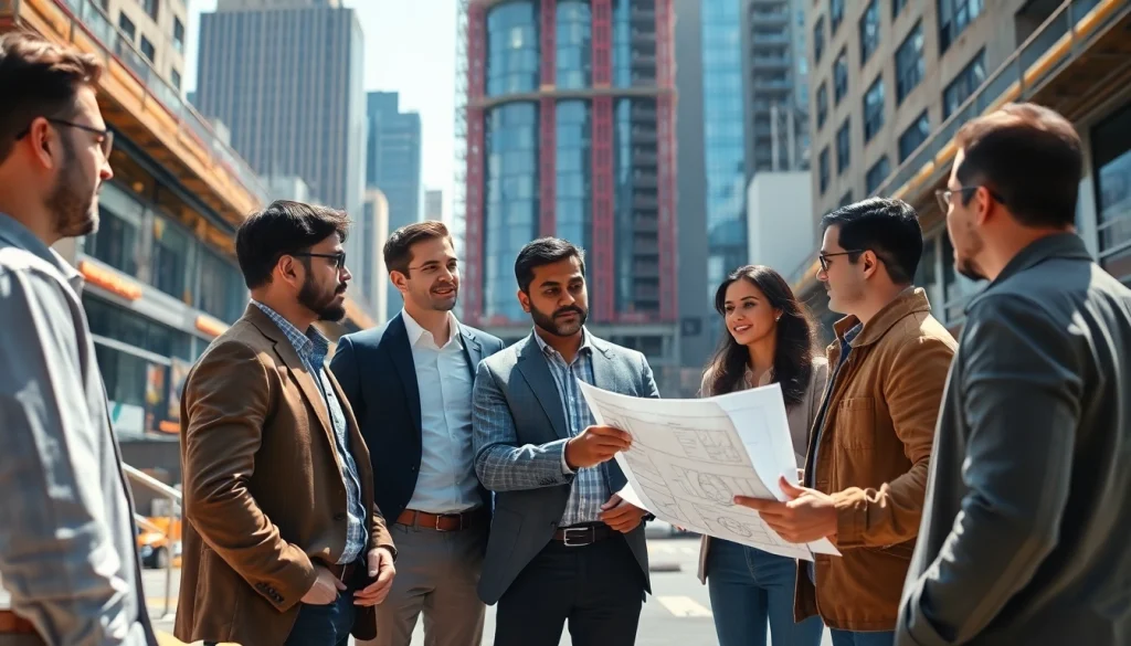 New York City Construction Manager leading a site meeting with a diverse team in a vibrant urban environment.