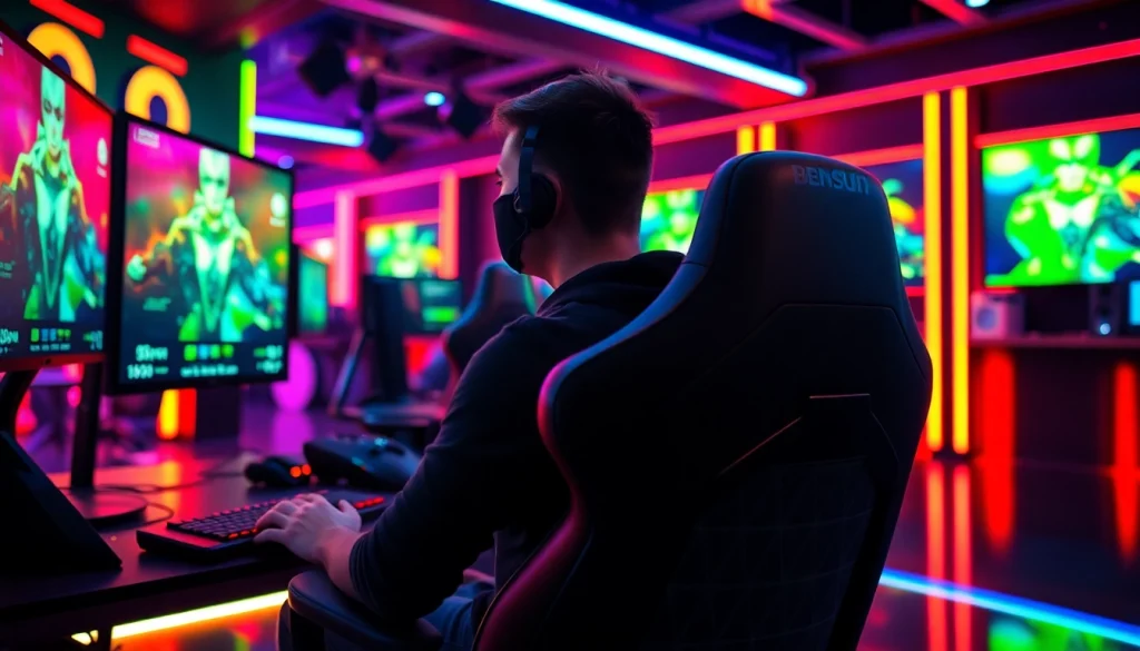 Menampilkan gamer yang terlibat dalam permainan bensu4d game dengan suasana ceria dan futuristik